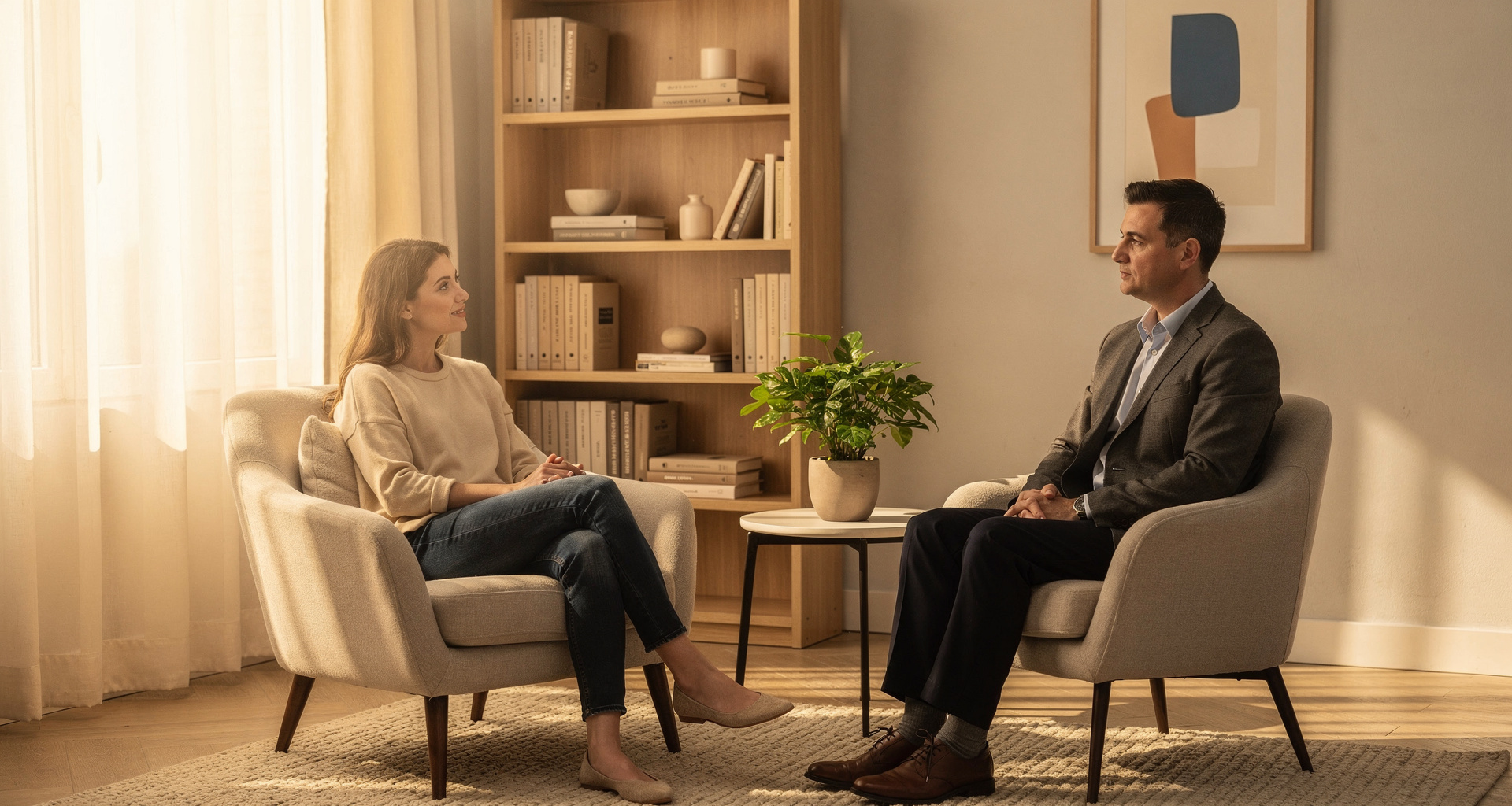 Therapist listening to a client in a calm office